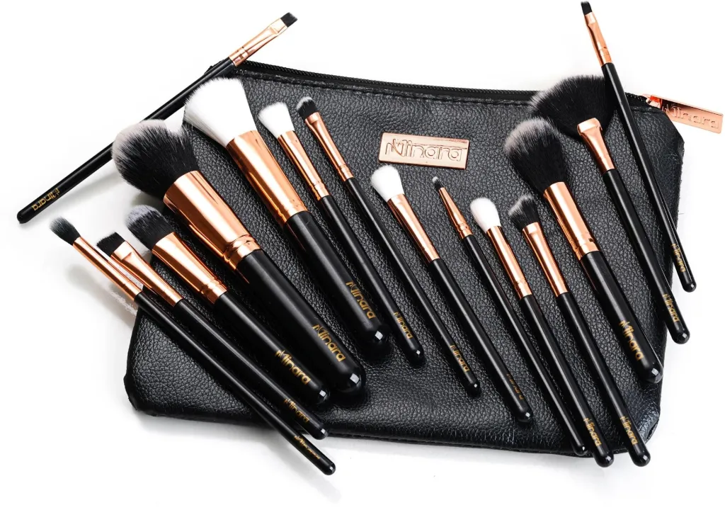 MINARA Makeup Brush Applicator Set of 15 with Premium Leather Pouch (Pack of 15)